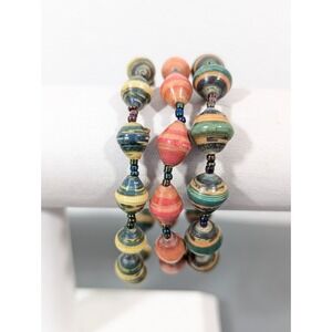 Set of 3 Green Orange Paper Roll Bead Stretch Bracelets Tribal Boho 6.5 in